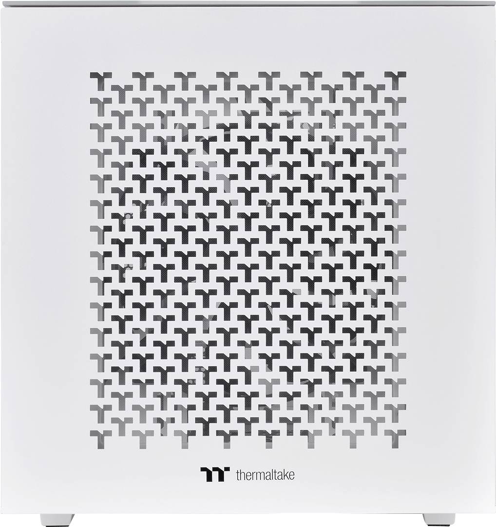 Biała przednia ściana obudowy komputera z perforowanym wzorem w kształcie litery 'T', poniżej logo Thermaltake.