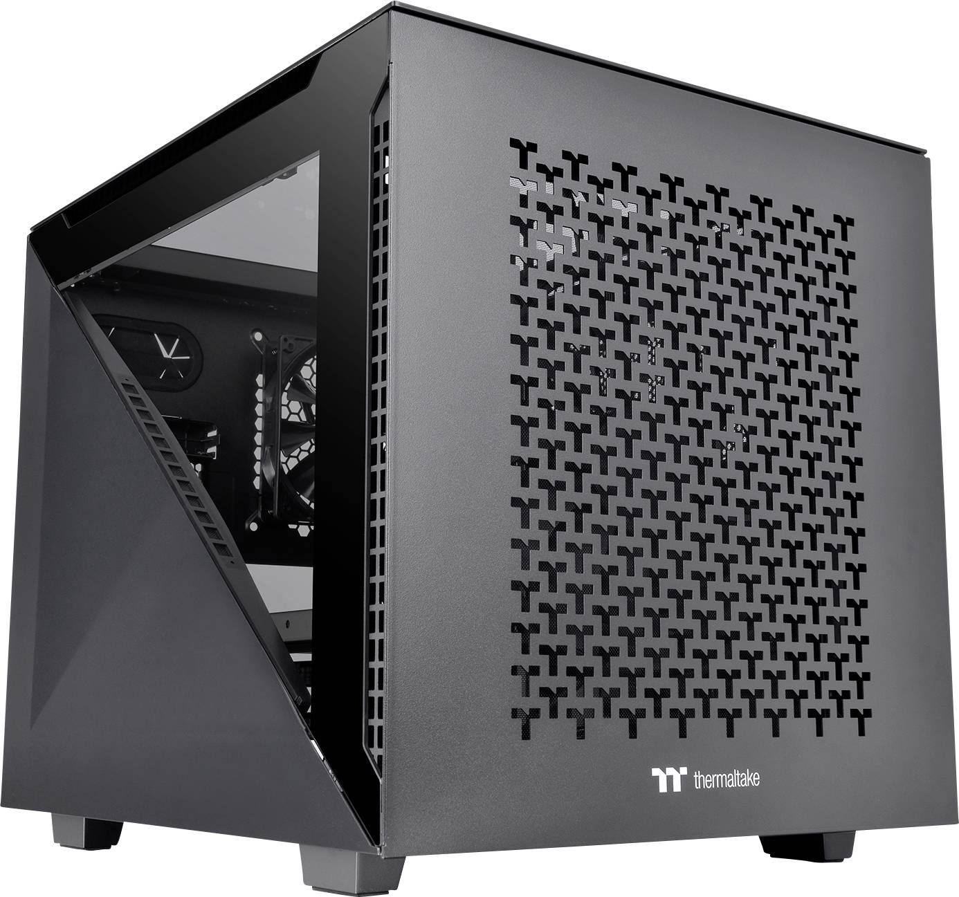 'Czarna obudowa komputerowa z bocznym oknem szklanym i wzorem plastra miodu, marki Thermaltake, w formacie Mini-ITX, nowoczesna i kompaktowa.'