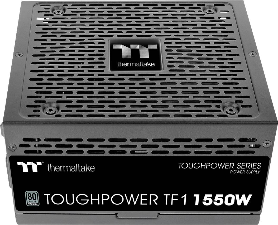 Zasilacz 'Toughpower TF1 1550W' firmy Thermaltake z serii Toughpower, z certyfikatem 80 Plus Platinum.