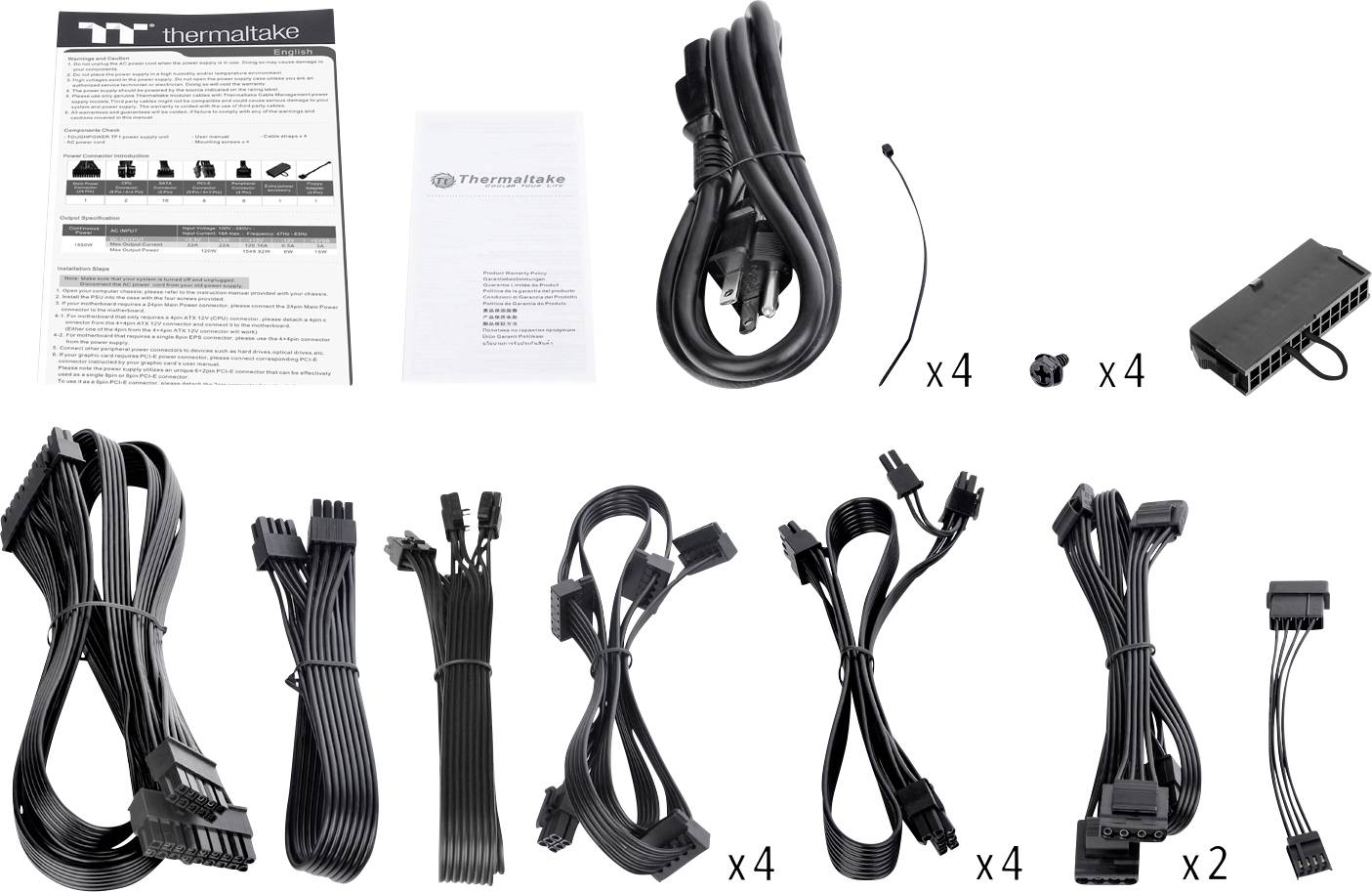 Różnorodne kable zasilające i akcesoria komputerowe firmy Thermaltake, w tym przewody sieciowe, instrukcja obsługi, opaski zaciskowe, kabel 8-pinowy oraz pozostałe przewody przyłączeniowe.