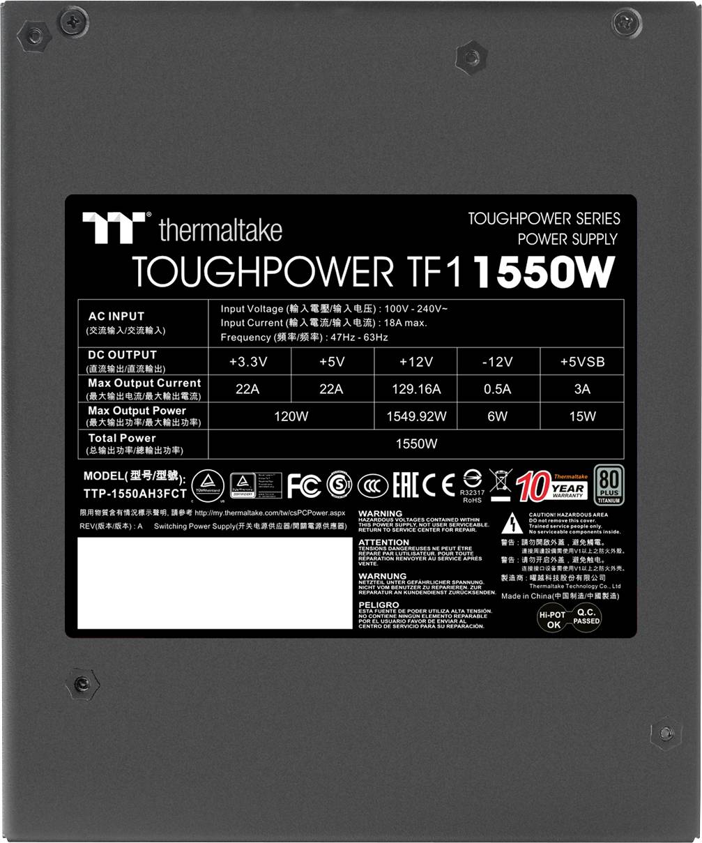 Zasilacz Thermaltake oznaczony jako 'TOUGHPOWER TF 1550W', prezentujący specyfikacje techniczne i dane elektryczne.
