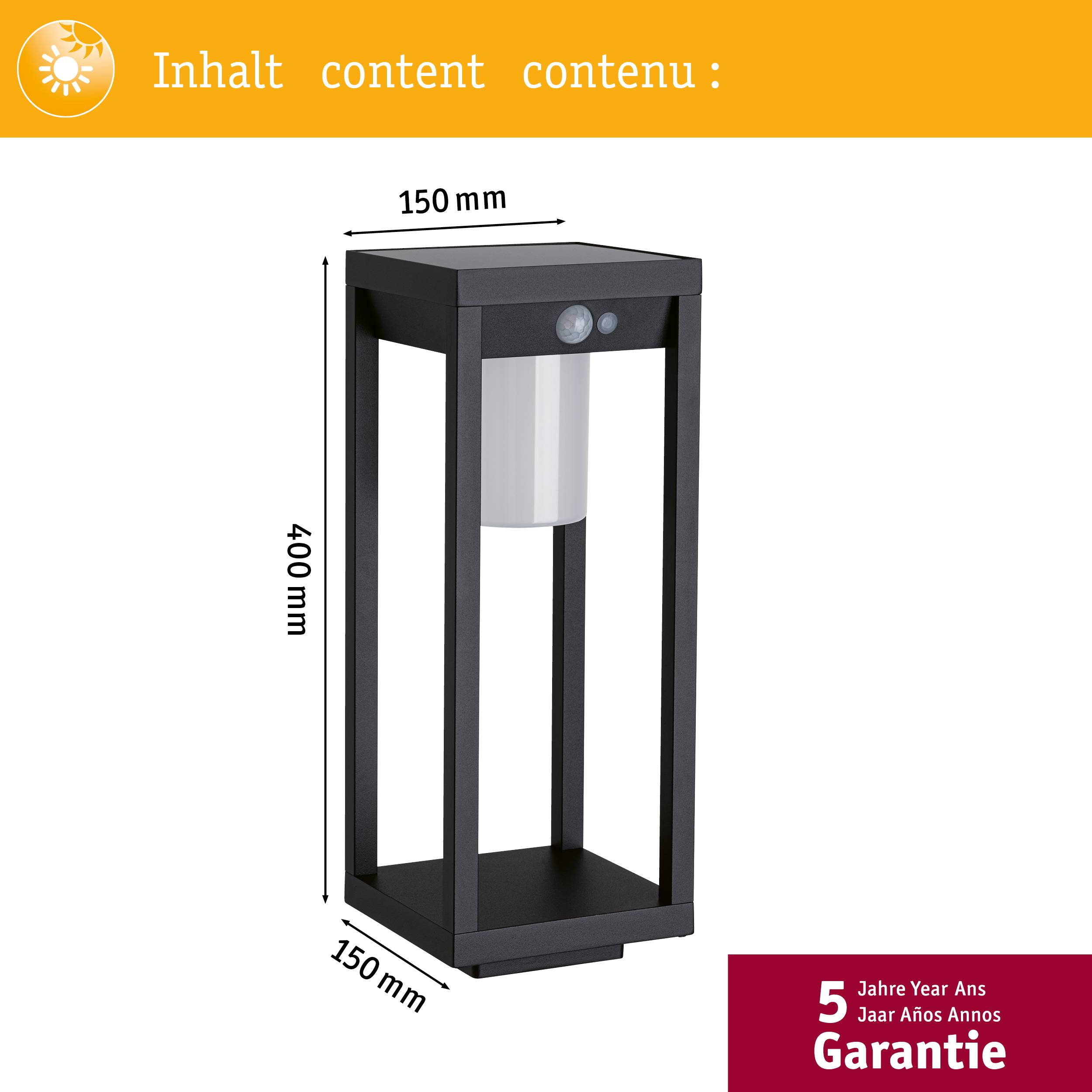 Czarna lampa zewnętrzna, wysoka na 400 mm i szeroka na 150 mm. W prawym górnym rogu napis 'Inhalt content contenu', a w prawym dolnym rogu '5 lat gwarancji'.