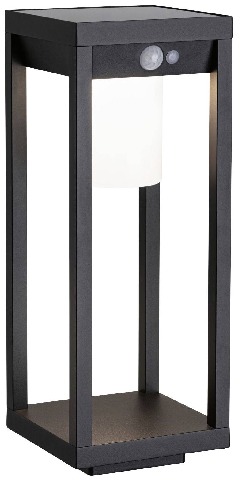 Nowoczesna, prostokątna lampa zewnętrzna wykonana z czarnego metalu z wbudowanym czujnikiem ruchu i białym kloszem.