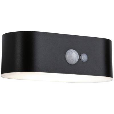 Czarna, zakrzywiona lampa ścienna z dwoma okrągłymi czujnikami z przodu, emitująca miękkie światło. Idealna do nowoczesnego, minimalistycznego wnętrza.