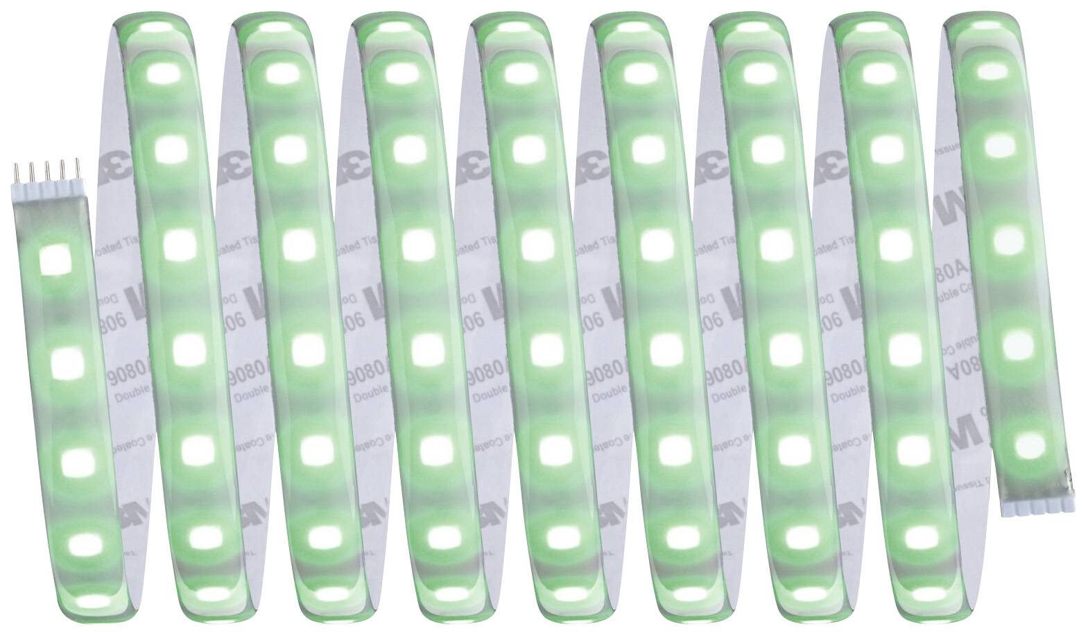 Zielony pasek świetlny LED na białym tle. Równomiernie emituje światło. Odpowiedni do dekoracji lub oświetlenia.