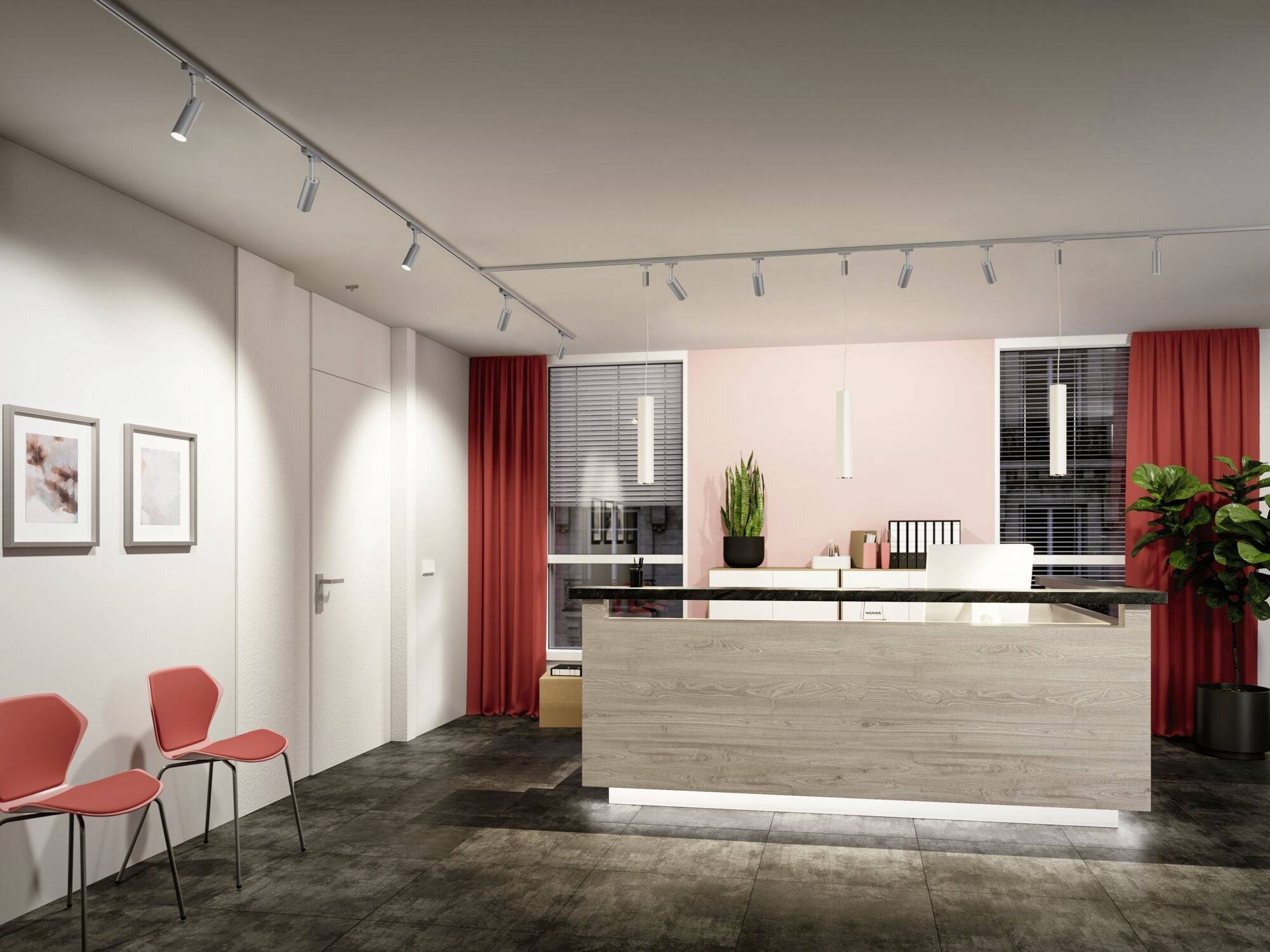 Strefa recepcji w nowoczesnym biurze z jasnymi ścianami, drewnianym ladą recepcyjną i czerwonymi zasłonami.