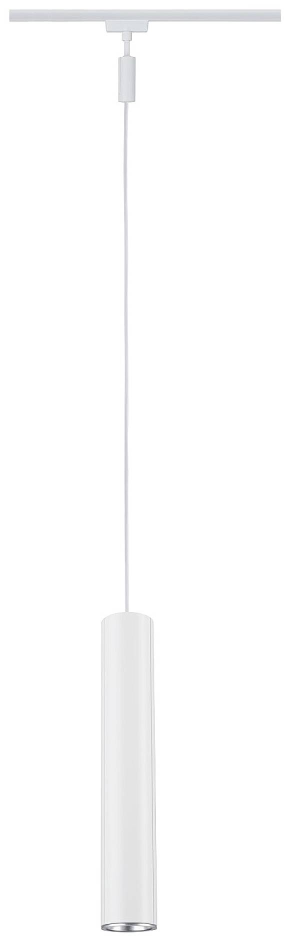 Biała lampa wisząca z cylindrycznym kloszem zawieszona jest na suficie. Minimalistyczny design, idealny do nowoczesnych wnętrz.