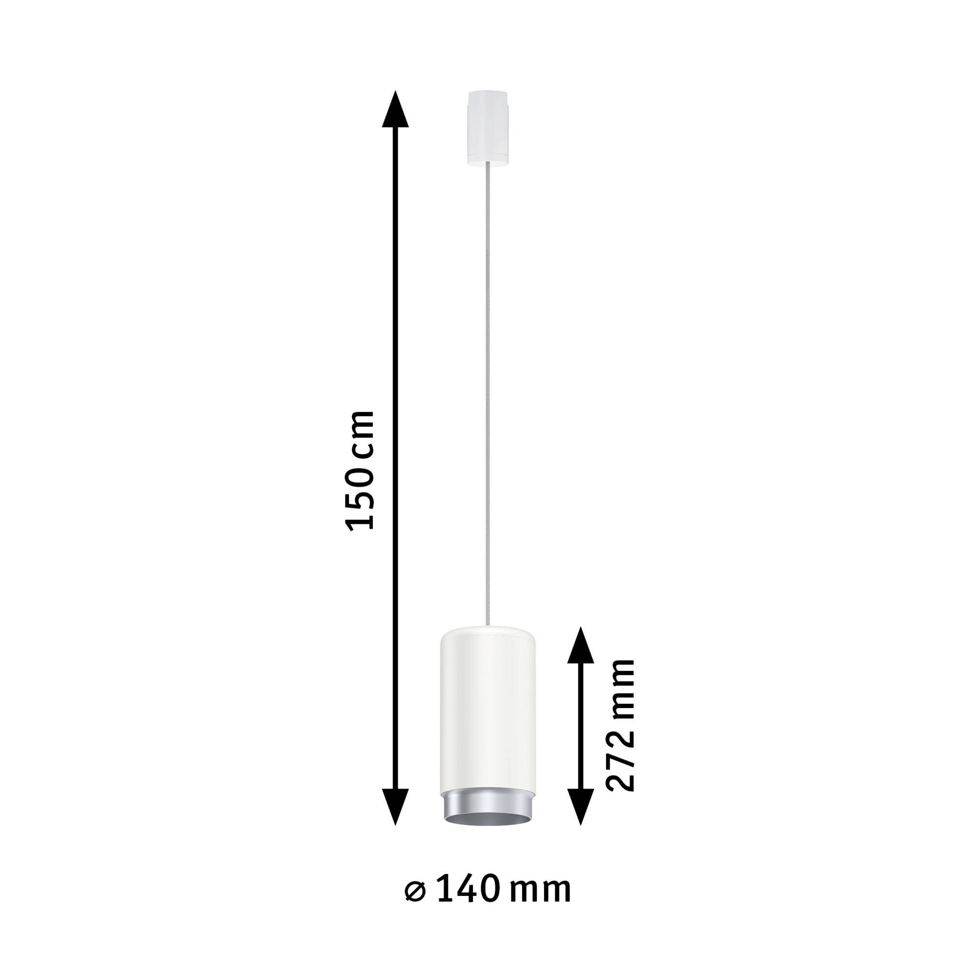 Lampa wisząca, cylindryczna, biała, średnica 140 mm, wysokość 272 mm, całkowita wysokość z przewodem 150 cm.