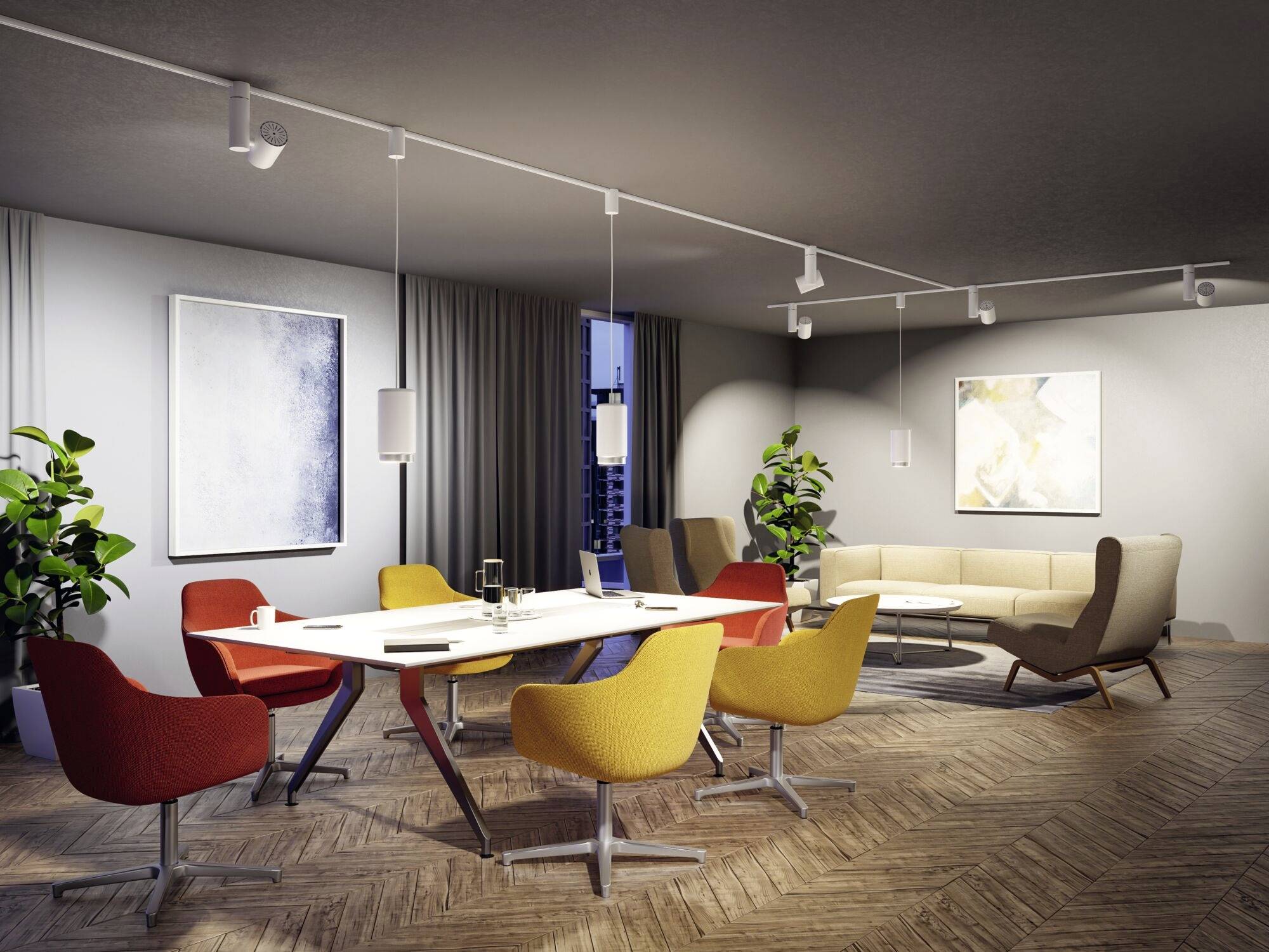 Nowoczesna sala konferencyjna z długim stołem, otoczonym czerwonymi i żółtymi krzesłami, z roślinami w narożnikach i dziełami sztuki na ścianach.