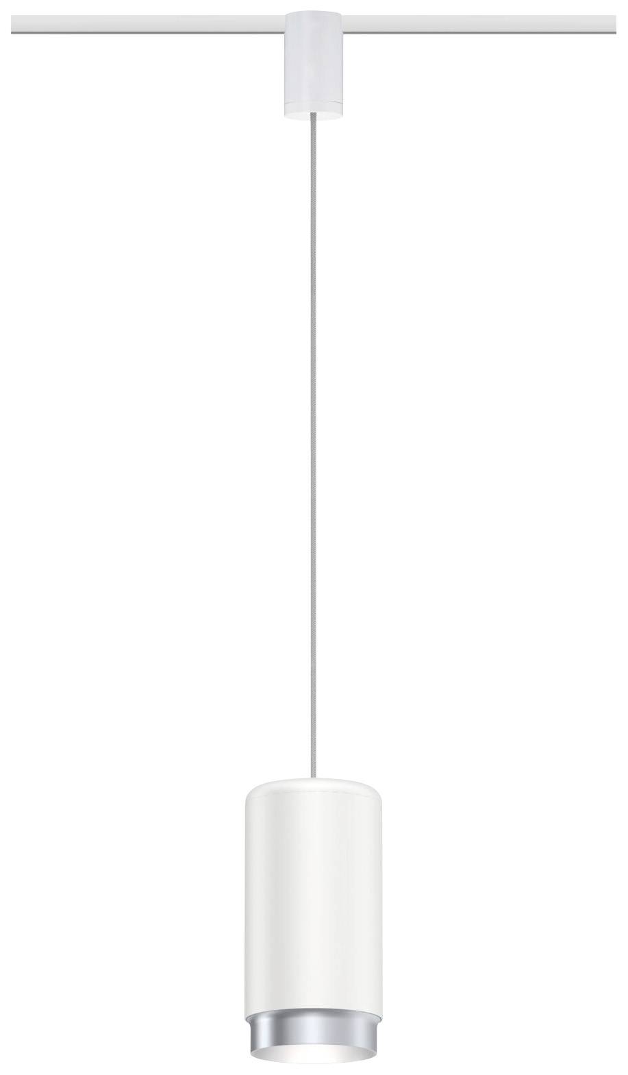 Minimalistyczna, biała lampa wisząca o wąskim, cylindrycznym kształcie, zawieszona na cienkim przewodzie. Idealna do nowoczesnych wnętrz.