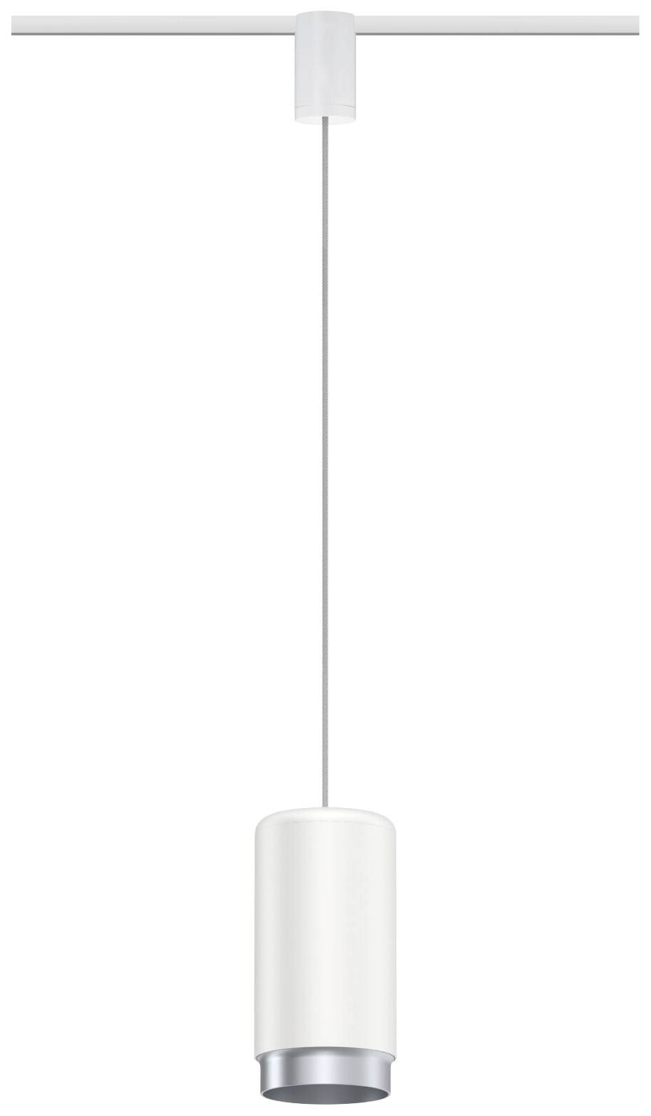 Nowoczesna, cylindryczna lampa wisząca z białym kloszem i srebrną obwódką, zawieszona na cienkim przewodzie od sufitu.