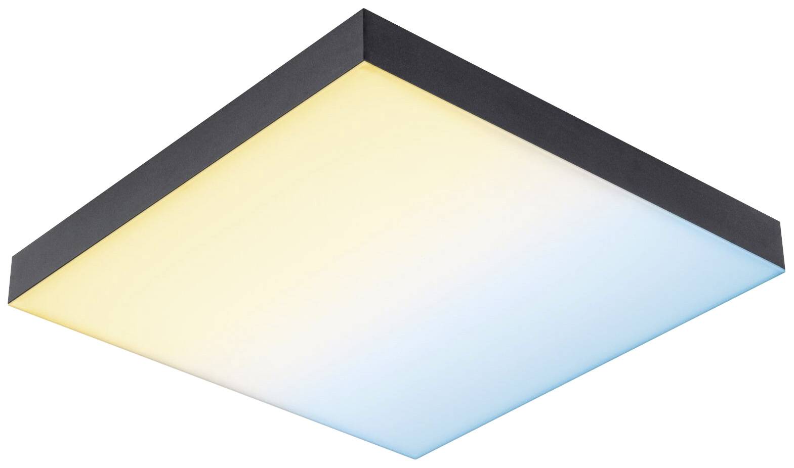 Prostokątna lampa sufitowa z czarno-białą ramą i delikatnym przejściem barw od ciepłej bieli do zimnej bieli.