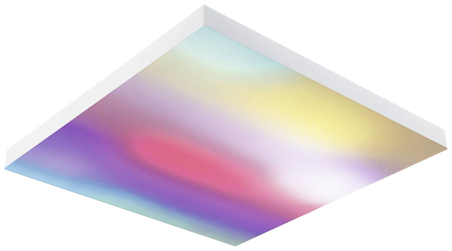 Prostokątna lampa sufitowa LED z miękkim, wielobarwnym przejściem świetlnym w pastelowych odcieniach, tworząca uspokajającą atmosferę.