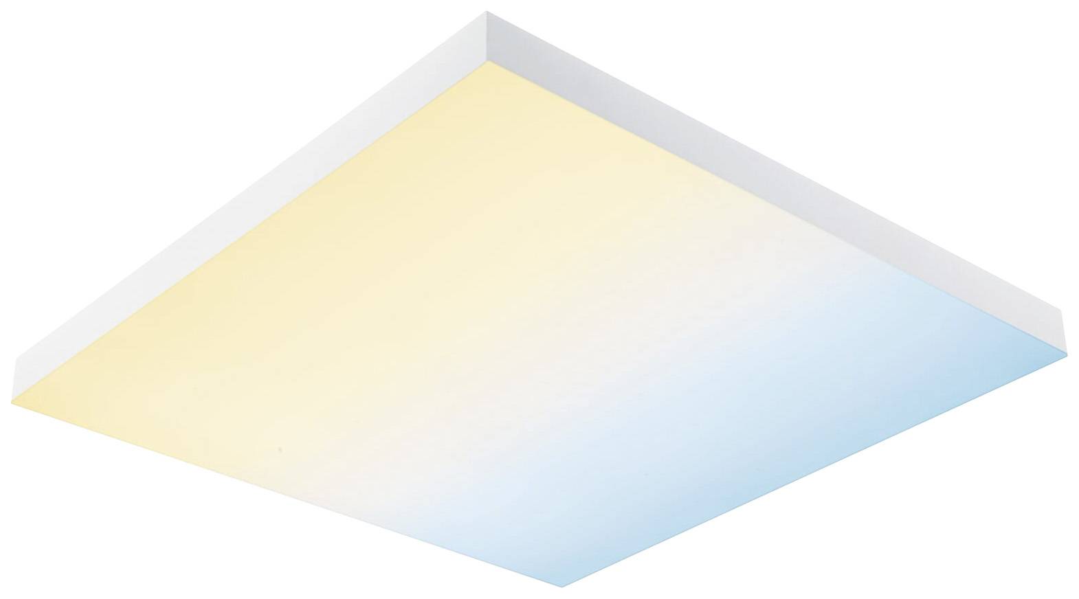 Prostokątna lampa sufitowa z gradientem kolorów od ciepłej żółci do chłodnego błękitu, o nowoczesnym designie.