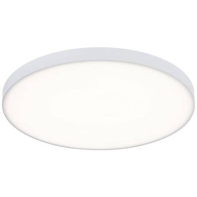 Okrągła, prosta lampa sufitowa z białą ramką, równomiernie jasno świecąca. Idealna do ogólnego oświetlenia pomieszczenia.