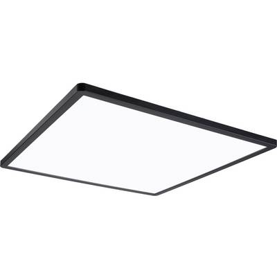 Płaska, prostokątna lampa sufitowa LED z czarną ramką i jasną strefą świecenia, odpowiednia do nowoczesnych wnętrz.