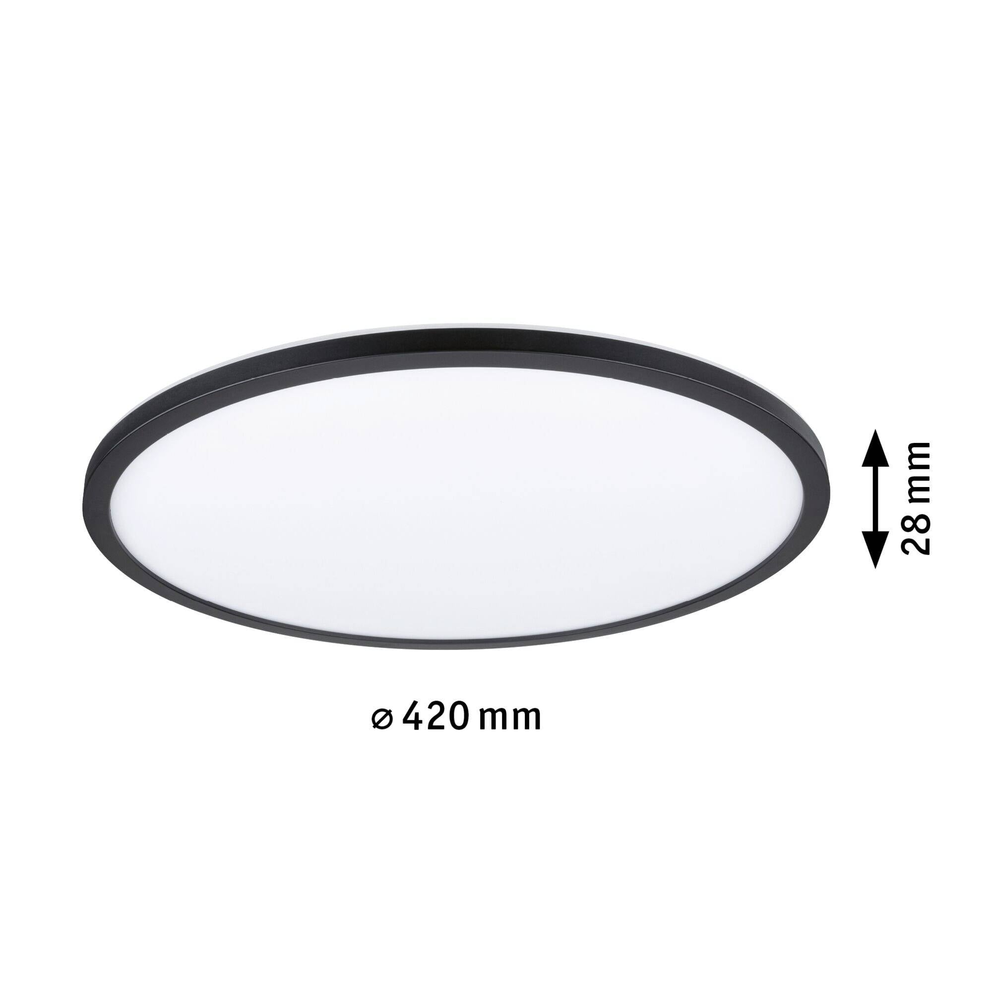 Okrągła lampa sufitowa LED z czarną ramą, średnica 420 mm, wysokość 28 mm.