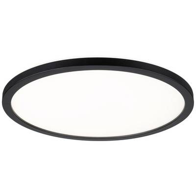 Okrągła, płaska lampa sufitowa z czarną ramą i jasnym źródłem światła pośrodku.