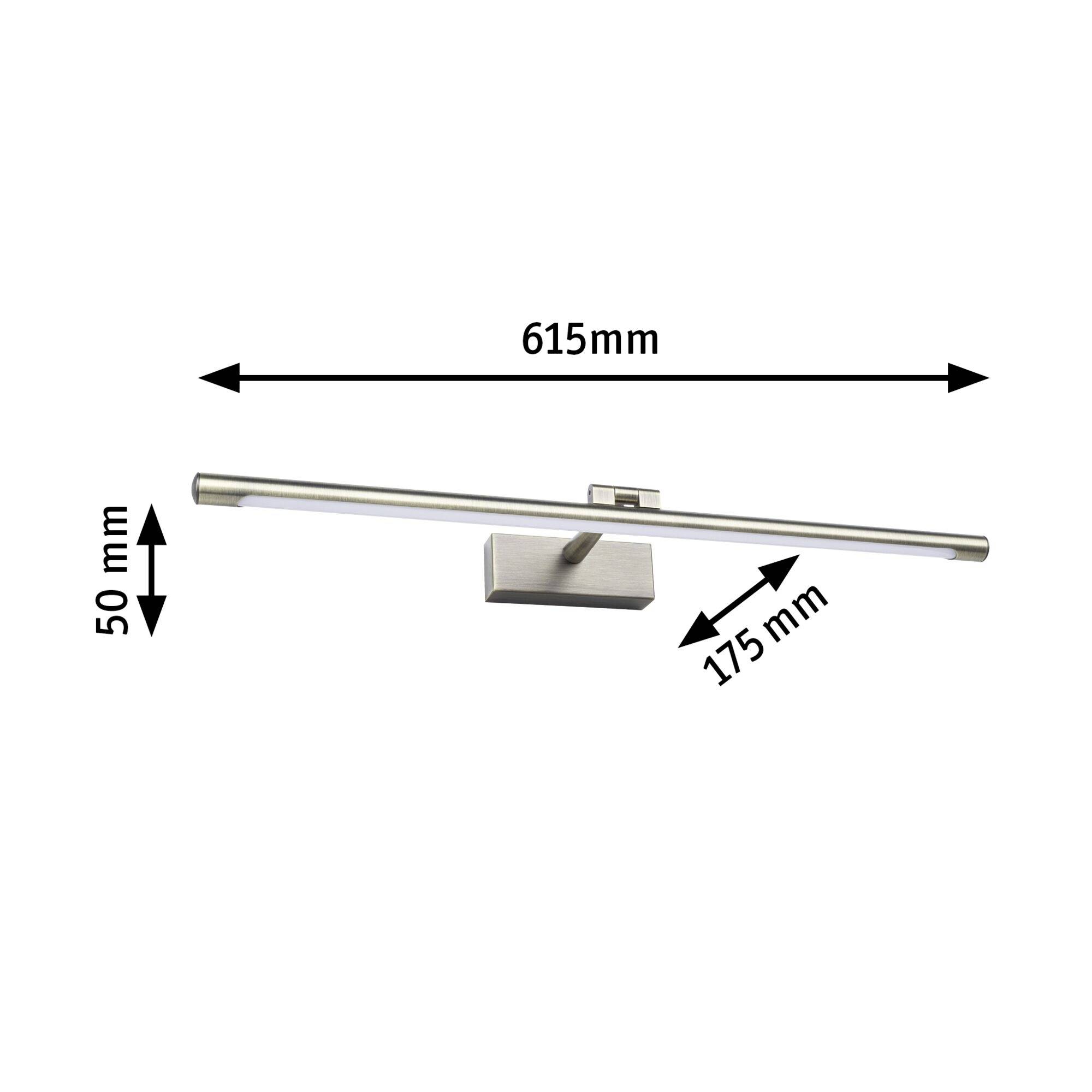 Kinkiet o wymiarach: szerokość 615 mm, wysokość 50 mm, głębokość 175 mm, wykonany z metalu w kolorze srebrnym, o nowoczesnym designie.