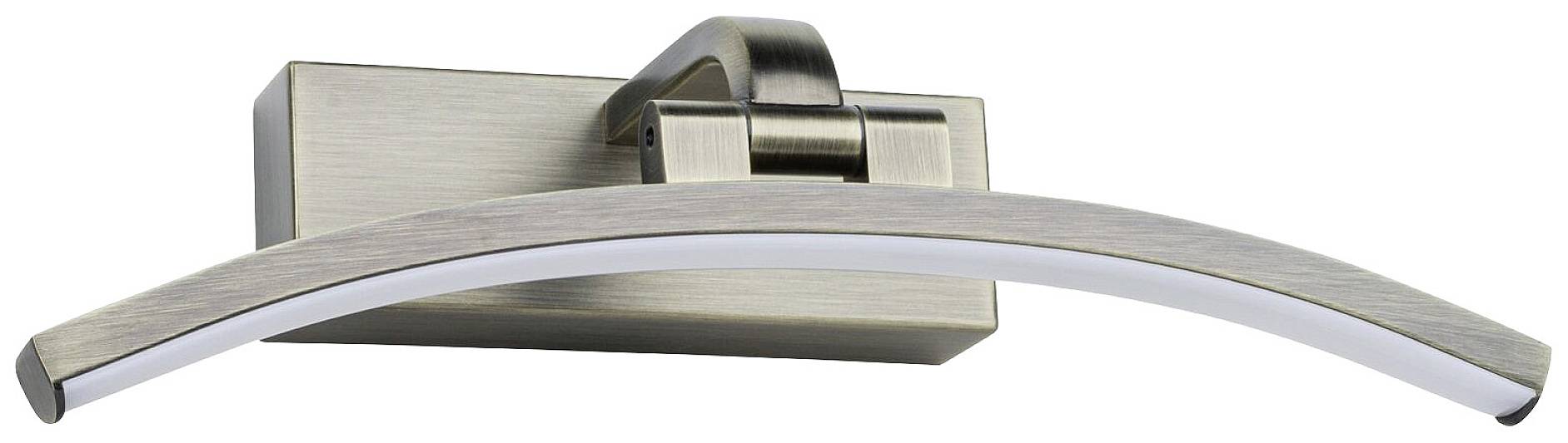 Zakrzywiona lampa ścienna wykonana z szczotkowanego metalu z prostokątną podstawą.