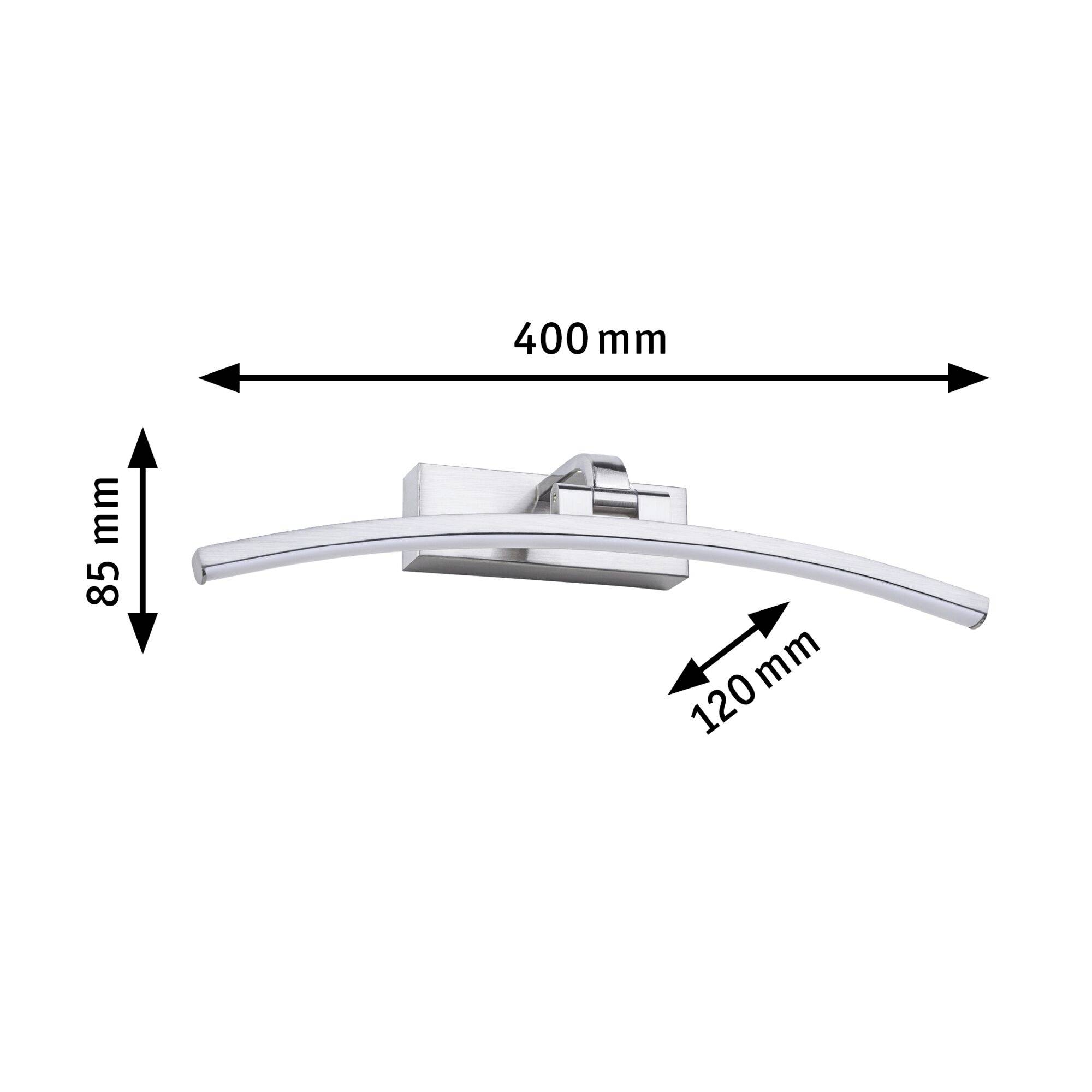 Nowoczesna lampa ścienna, szczotkowane metal, wymiary: 400 mm długości, 85 mm wysokości, 120 mm głębokości, odpowiednia do stylowego wystroju wnętrz.