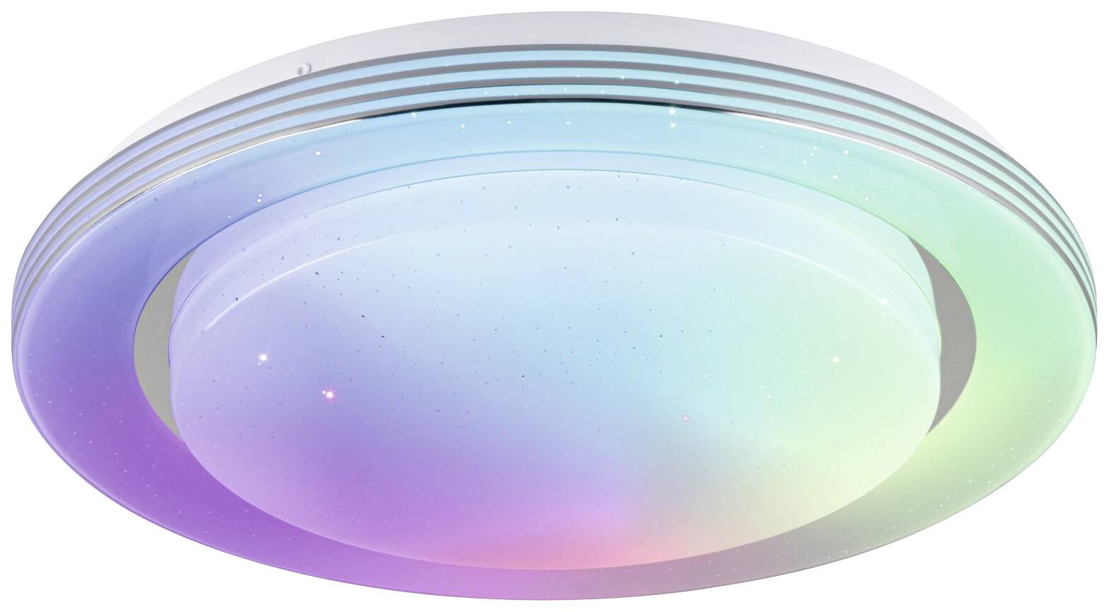 Okrągła lampa sufitowa LED z migoczącymi, zmieniającymi kolor efektami świetlnymi, idealna do nowoczesnej dekoracji wnętrz lub stylowego oświetlenia.