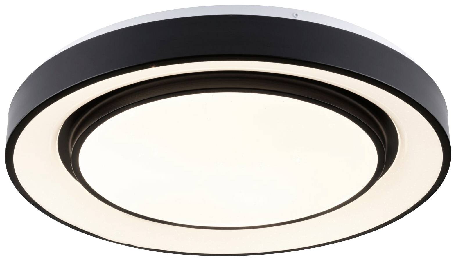 Okrągła lampa sufitowa z czarną obudową i białym pierścieniem świetlnym. Nowoczesny design, idealny do salonu lub biura.