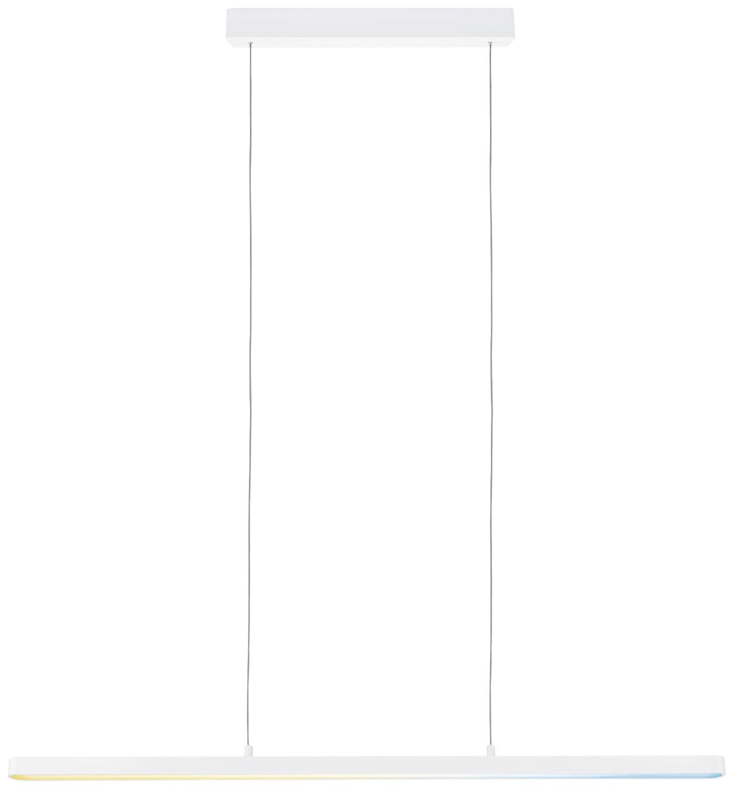 Nowoczesna, minimalistyczna lampa wisząca z dwoma cienkimi, równoległymi przewodami oraz smukłą, białą listwą świetlną. Idealna do wnętrz w stylu współczesnym.