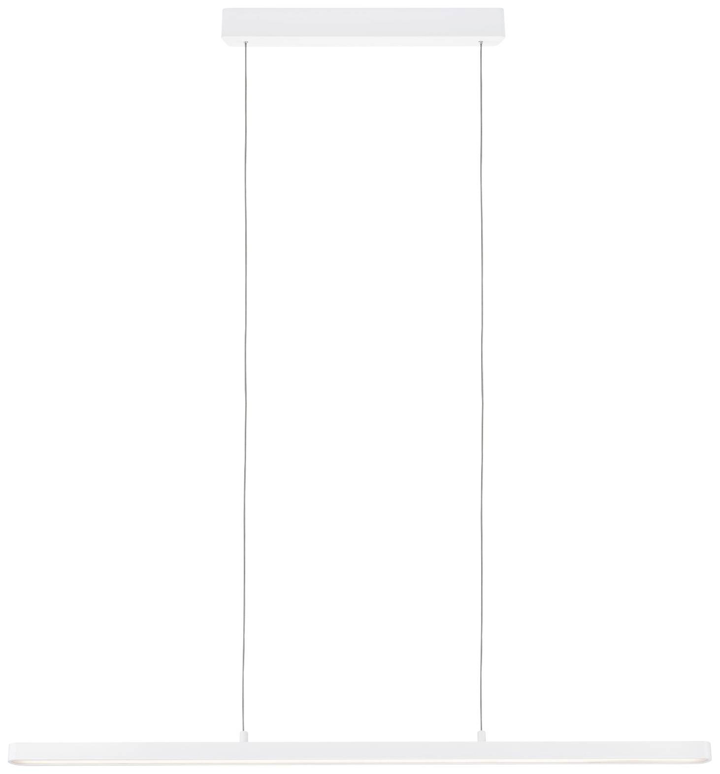 Biała, minimalistyczna lampa wisząca z dwoma cienkimi przewodami i długim, prostokątnym kloszem metalowym. Idealna do nowoczesnych wnętrz.