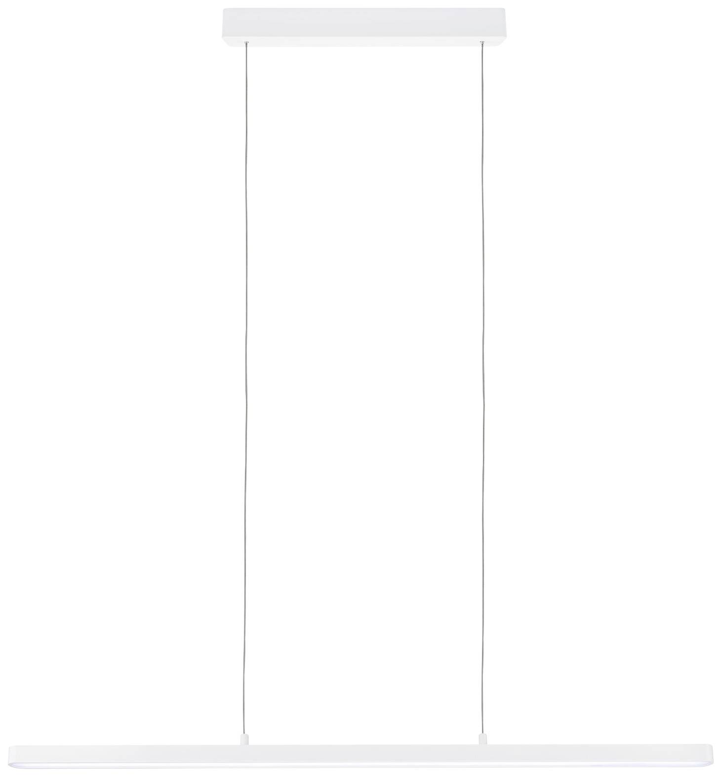 Minimalistyczna, prostokątna lampa wisząca LED w kolorze białym, zawieszona na dwóch cienkich przewodach przy pomocy mocowania sufitowego.