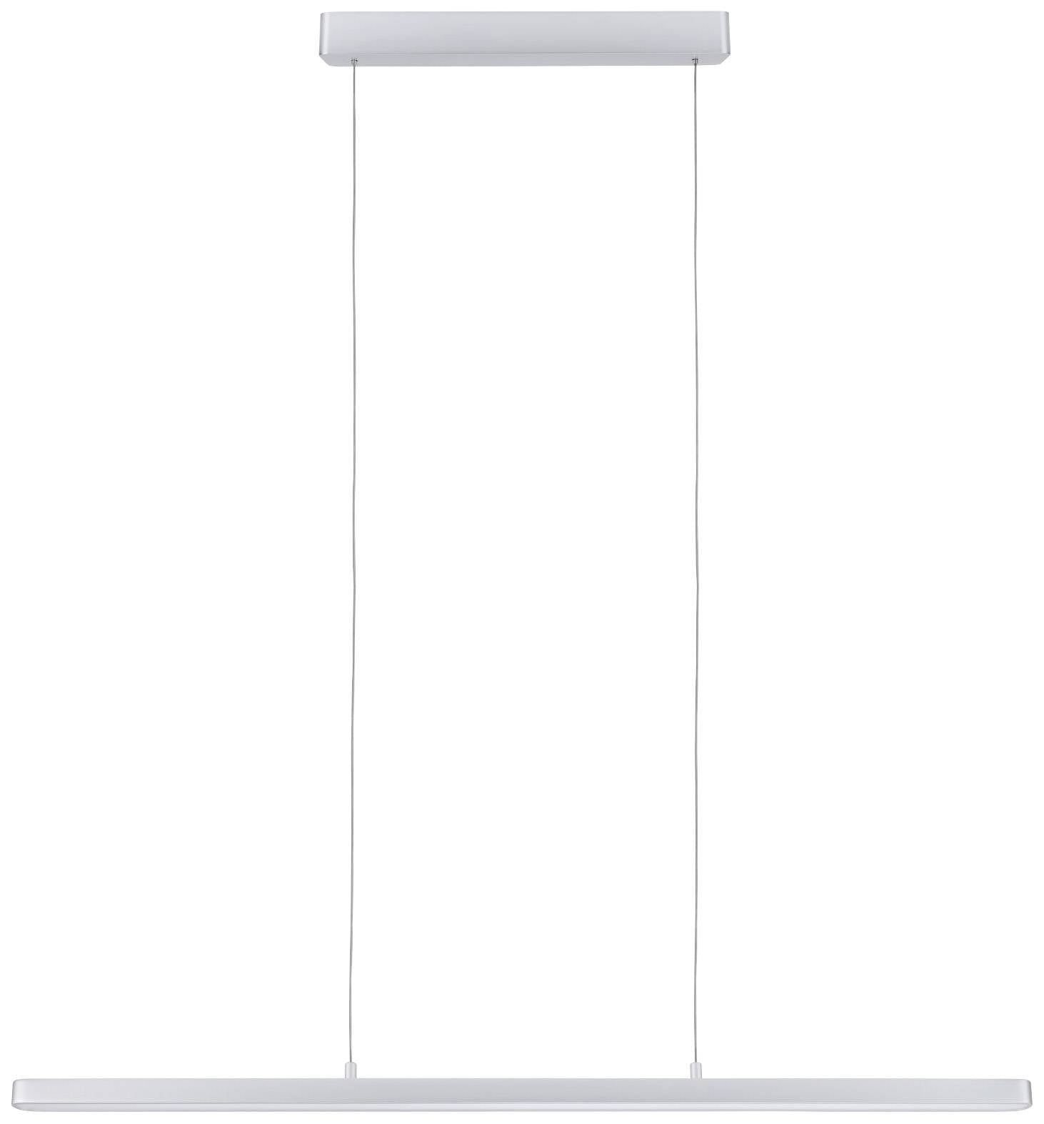 Nowoczesna, minimalistyczna lampa wisząca z dwoma cienkimi przewodami podtrzymującymi podłużny, biały korpus świetlny.