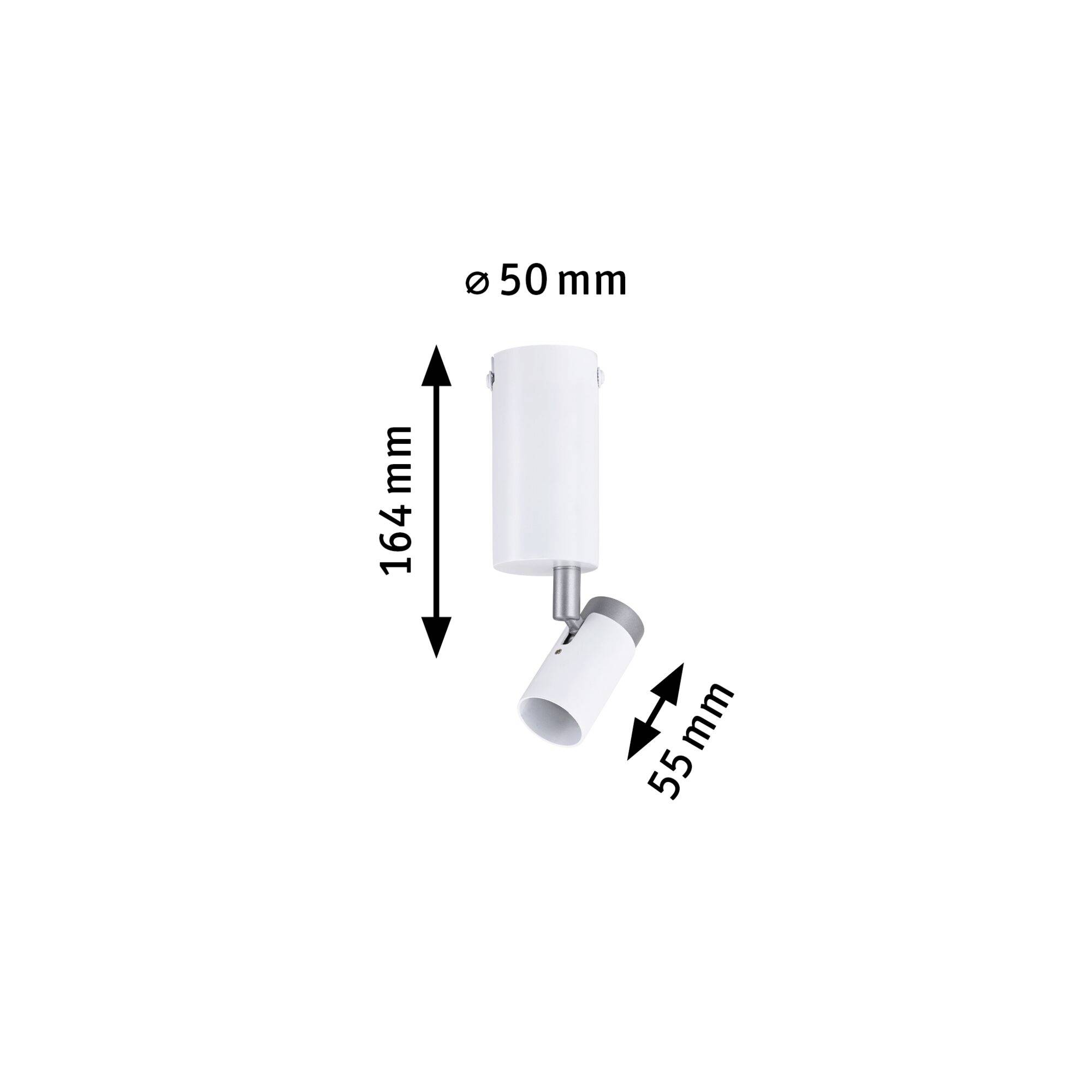 Cylindryczna lampa sufitowa, biała, z regulowanym reflektorem, wysoka na 164 mm, o średnicy 50 mm; reflektor o długości 55 mm.
