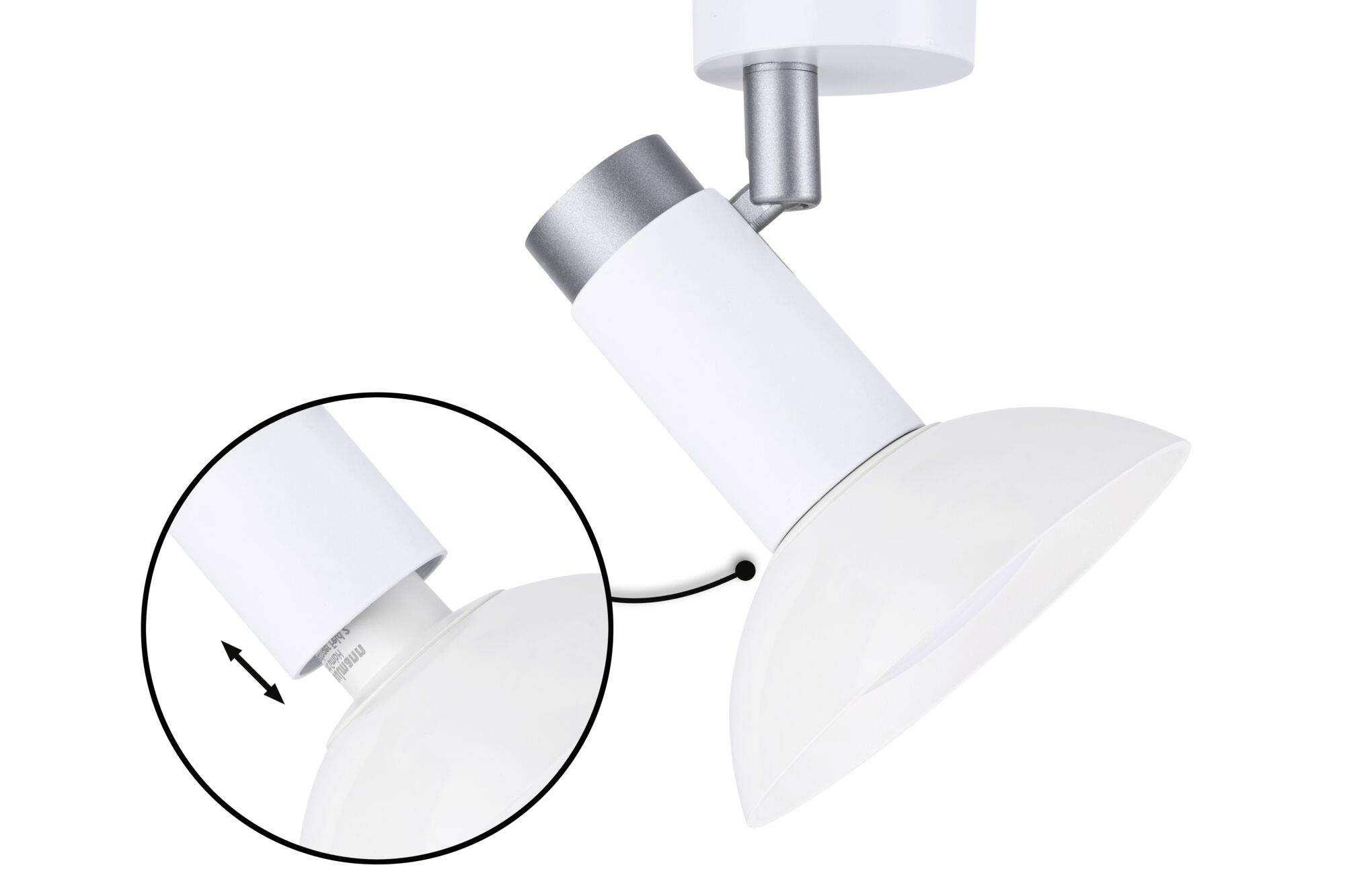 Biała regulowana lampa sufitowa z obrotową głowicą i powiększonym detalem oprawki żarówki.