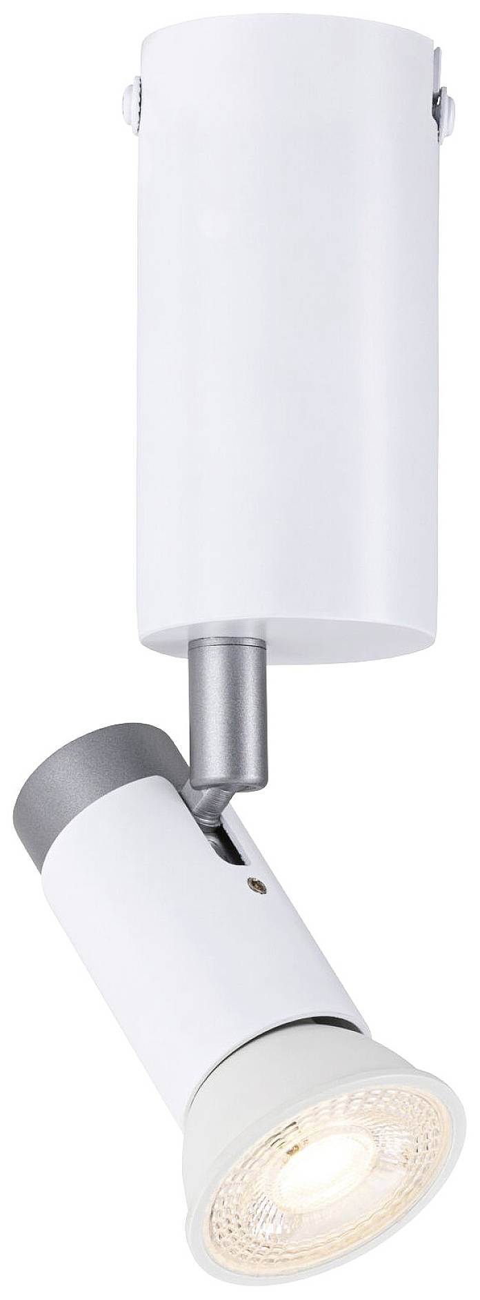 Biała lampa sufitowa z regulowanym reflektorem, oświetlona. Nowoczesne oświetlenie do salonu lub przestrzeni roboczej.