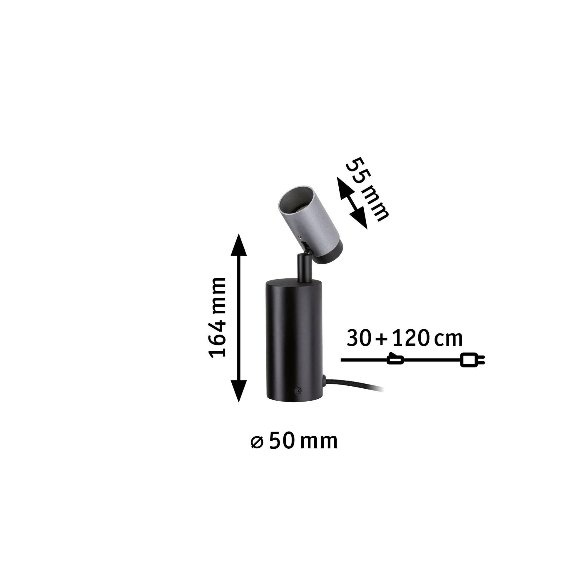 'Czarna, cylindryczna lampa z regulowaną głowicą. Wymiary: wysokość 164 mm, głowica 55 mm. Przewód 30 +120 cm. Średnica 50 mm.'