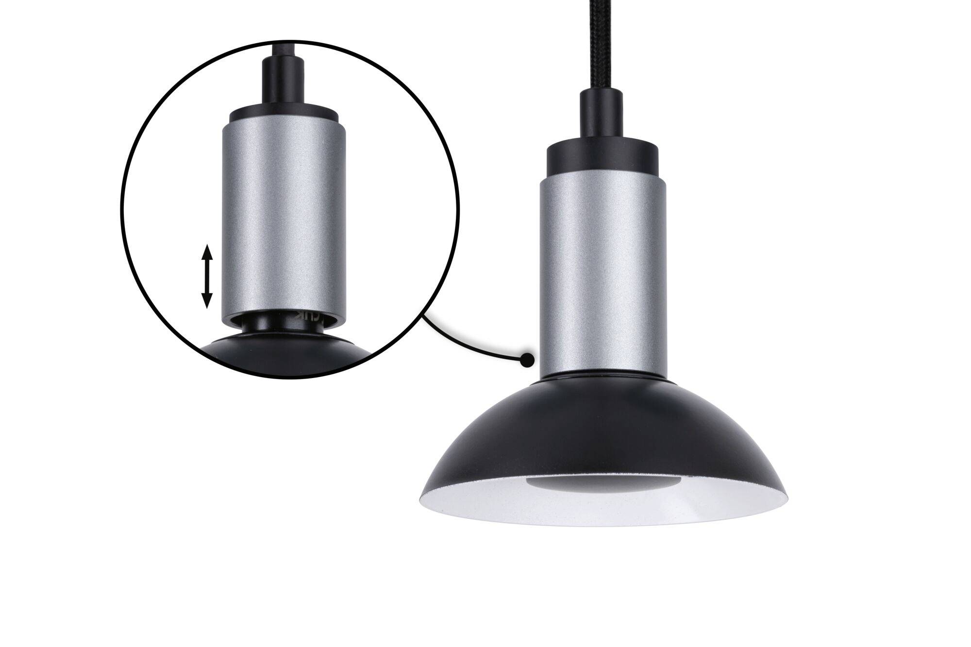 Lampa wisząca w czarno-srebrnym designie. Zbliżenie ukazuje regulowany mechanizm w górnej części lampy.