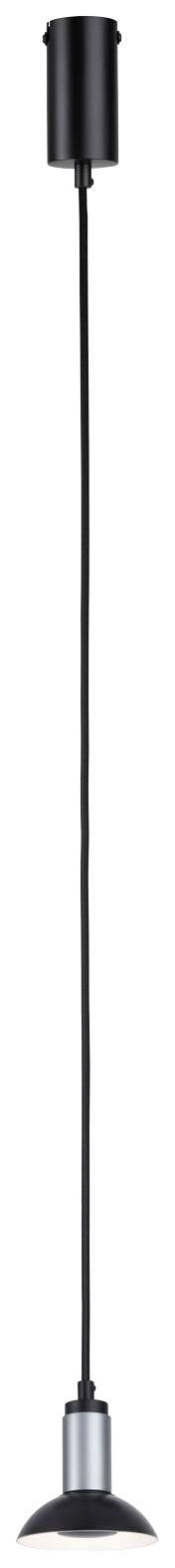 Czarna lampa wisząca z długim przewodem, cylindrycznym mocowaniem sufitowym i małą, okrągłą oprawą na końcu.