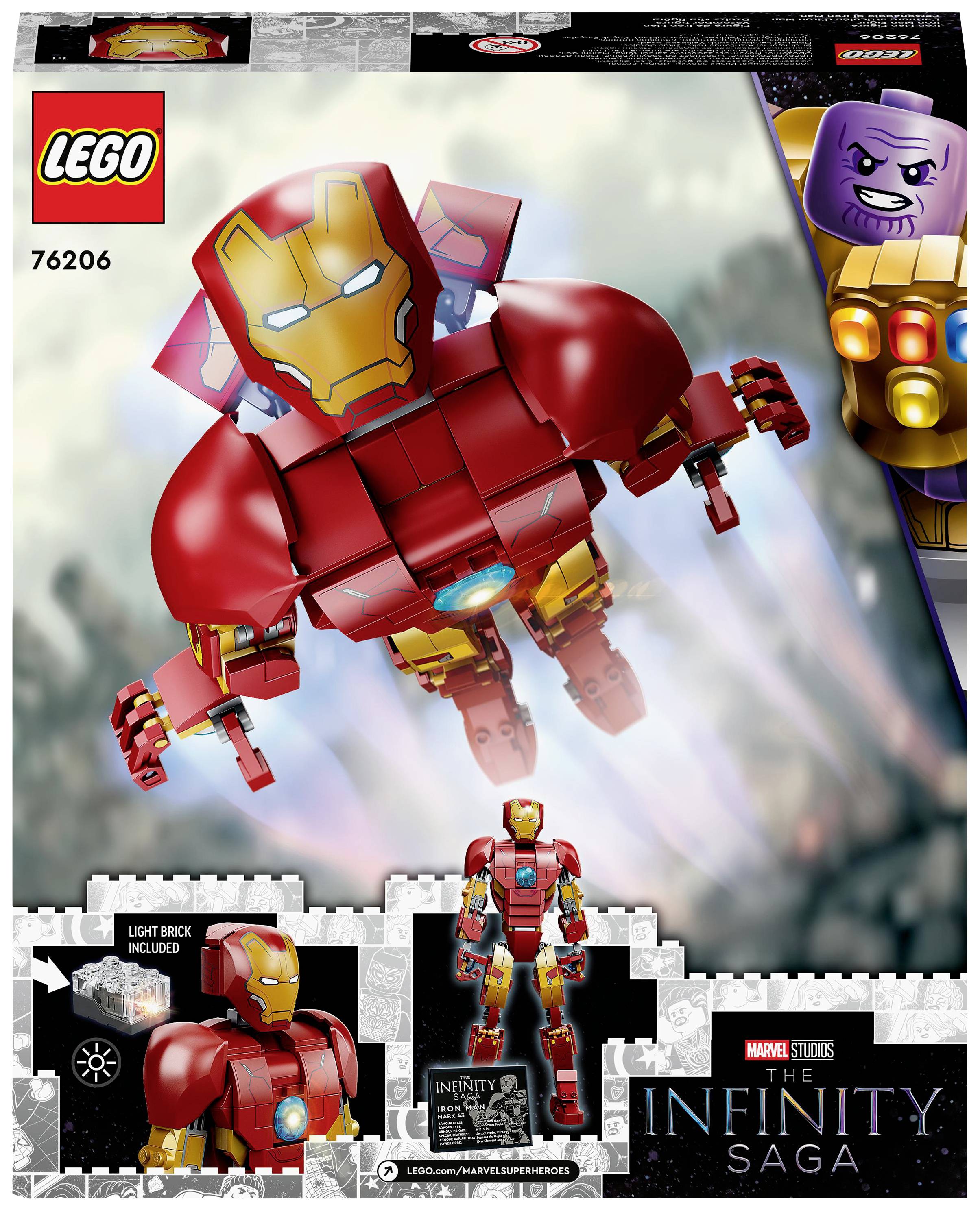 Zestaw LEGO z robotem Iron Mana z "Sagi Nieskończoności" Marvela. Robot jest w kolorach czerwonym i złotym, z podświetlanym elementem.
