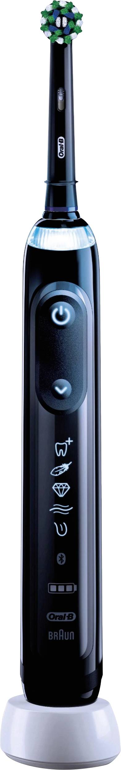 Elektryczna szczoteczka do zębów z czarną rączką i zaokrągłoną główką, stojąca na ładowarce.