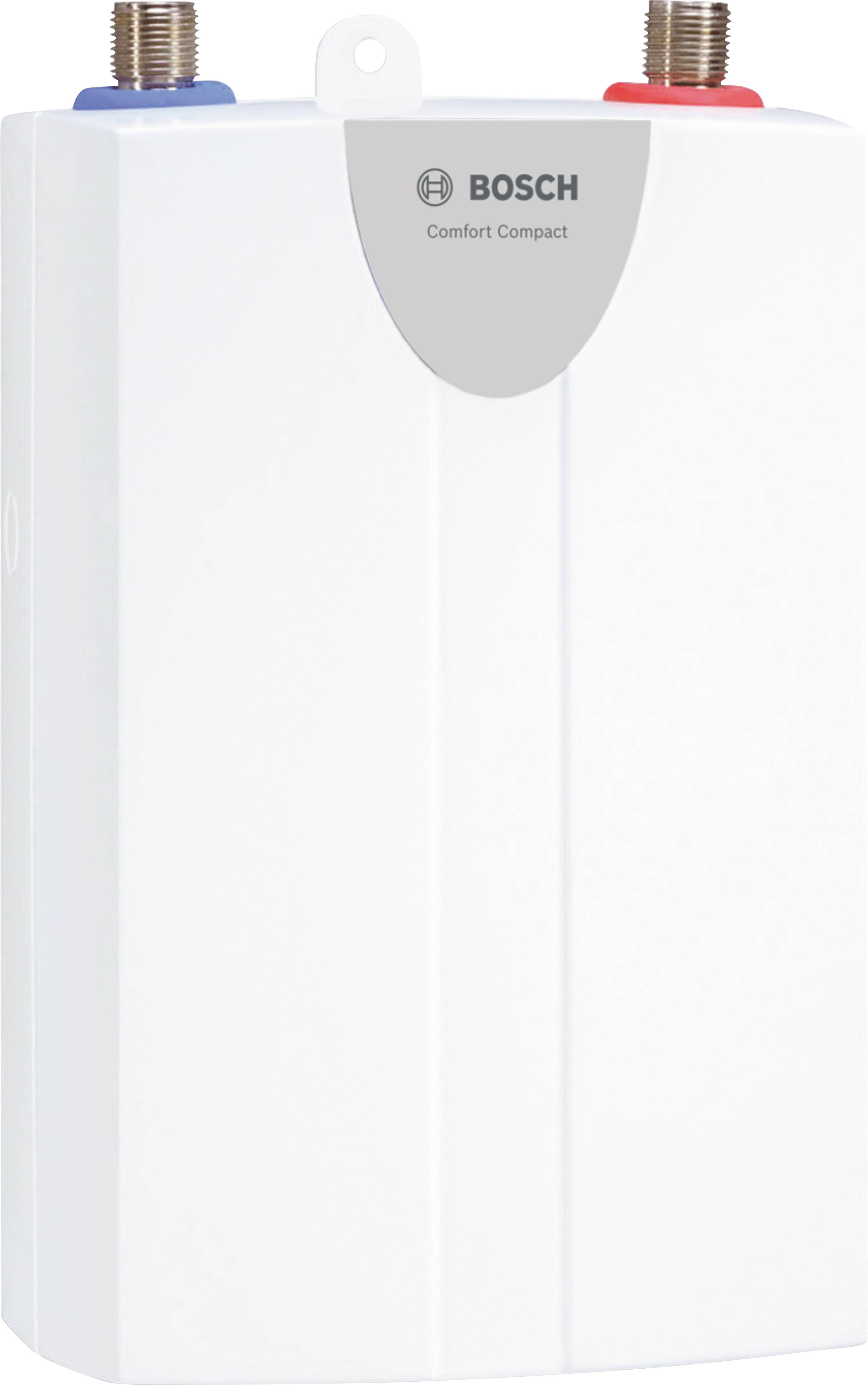 Mały, biały przepływowy podgrzewacz wody Bosch z niebieskim i czerwonym przyłączem u góry.