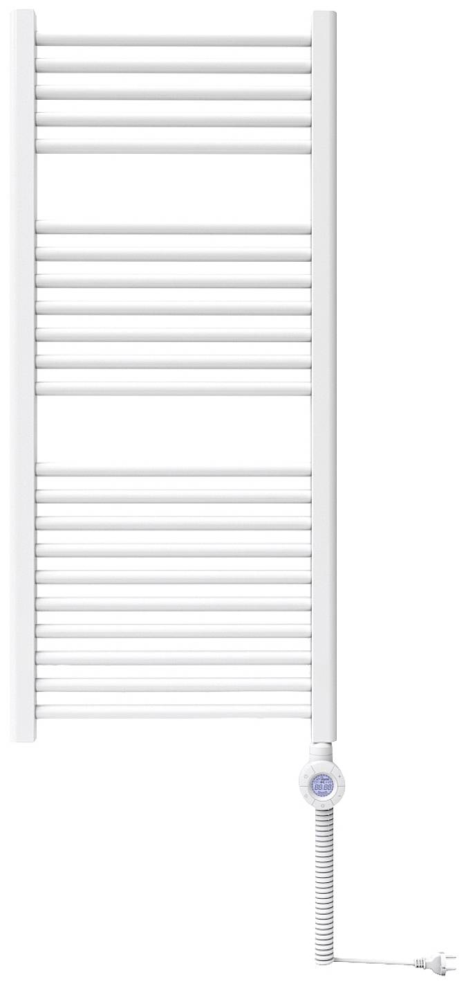 Białe elektryczne urządzenie do suszenia ręczników z pionowymi rurkami i przewodem spiralnym u dołu.