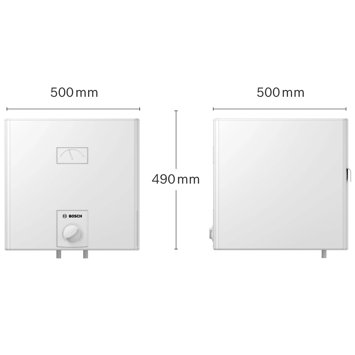 Dwa widoki białego urządzenia z pokrętłem i logo Bosch, o wymiarach 500 x 490 mm każdy.