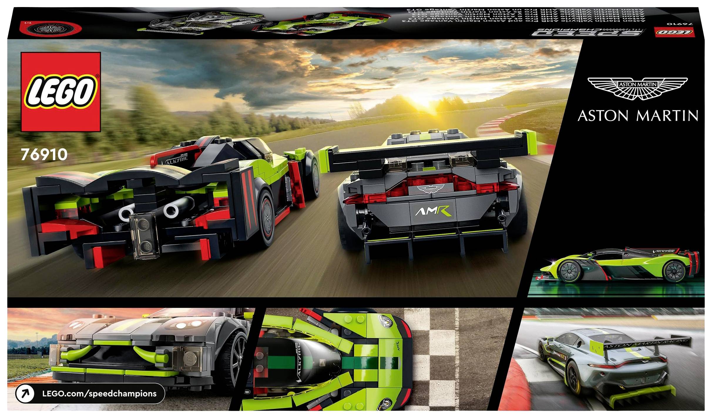 Zestaw LEGO Speed Champions 76910 'Aston Martin Valkyrie AMR Pro'. Przedstawia dwa samochody wyścigowe w ruchu na torze wyścigowym o zachodzie słońca.