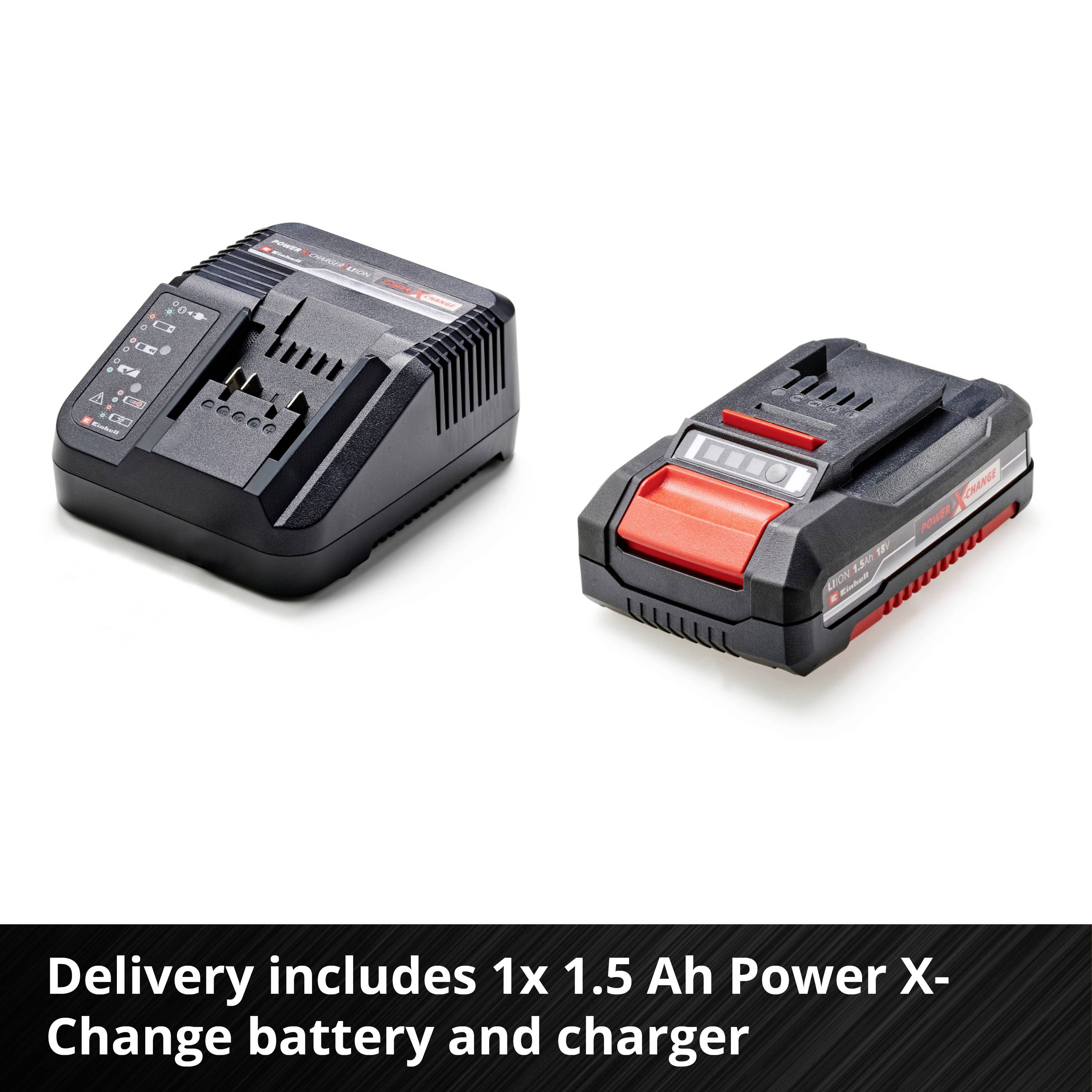 Ładowarka do akumulatorów i akumulator na białym tle. Tekst poniżej informuje: 'W zestawie 1x akumulator Power X-Change 1,5 Ah oraz ładowarka'.