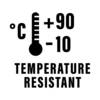 Obraz przedstawia symbol odporności temperaturowej. Termometr jest pokazany w zakresie od '+90°C' do '-10°C', z towarzyszącym napisem 'TEMPERATURE RESISTANT'.
