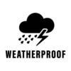 Symbol z chmurą, kroplą deszczu i błyskawicą nad słowem 'Weatherproof', wskazujący na odporność na warunki atmosferyczne.