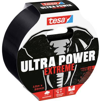Opakowanie taśmy 'Tesa Ultra Power Extreme' z grafiką słonia. Kluczowe zalety obejmują:<br>- Wodoodporność<br>- Odporność na temperaturę<br>- Wyjątkowa trwałość
