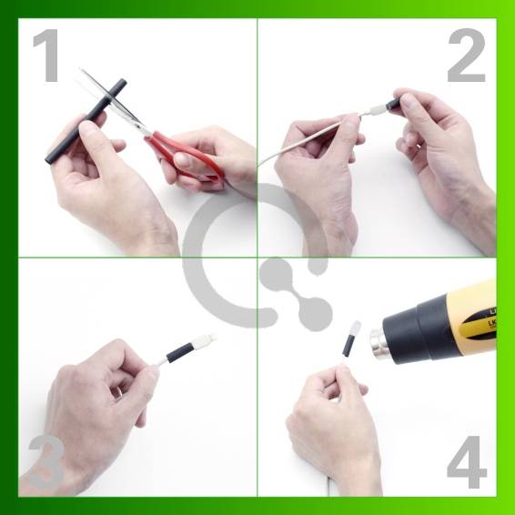 '4-etapowa instrukcja obsługi termokurczliwego przewodu: skrócić, nałożyć, sprężyć gorącym powietrzem, gotowe.'