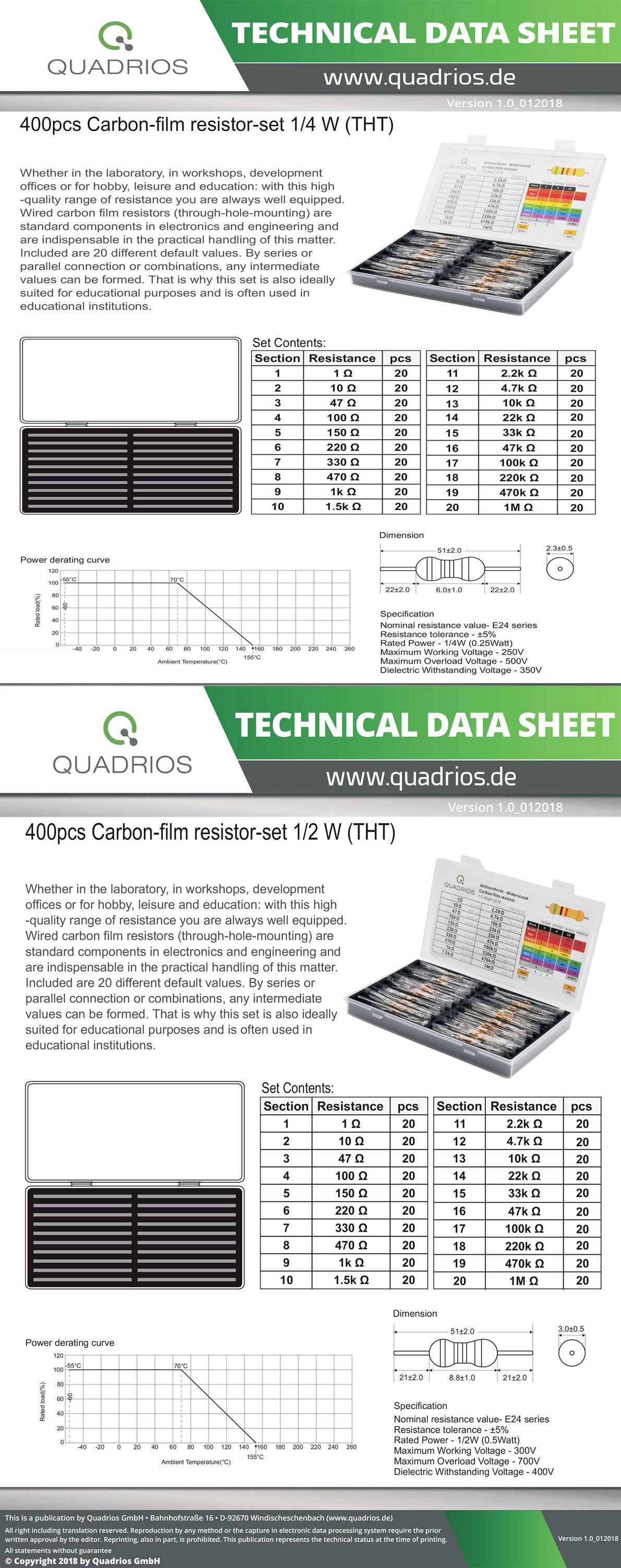 Комплект вуглецевих плівкових резисторів Quadrios 2109P137 з осьовим коефіцієнтом гармонійних спотворень, 800 шт.
