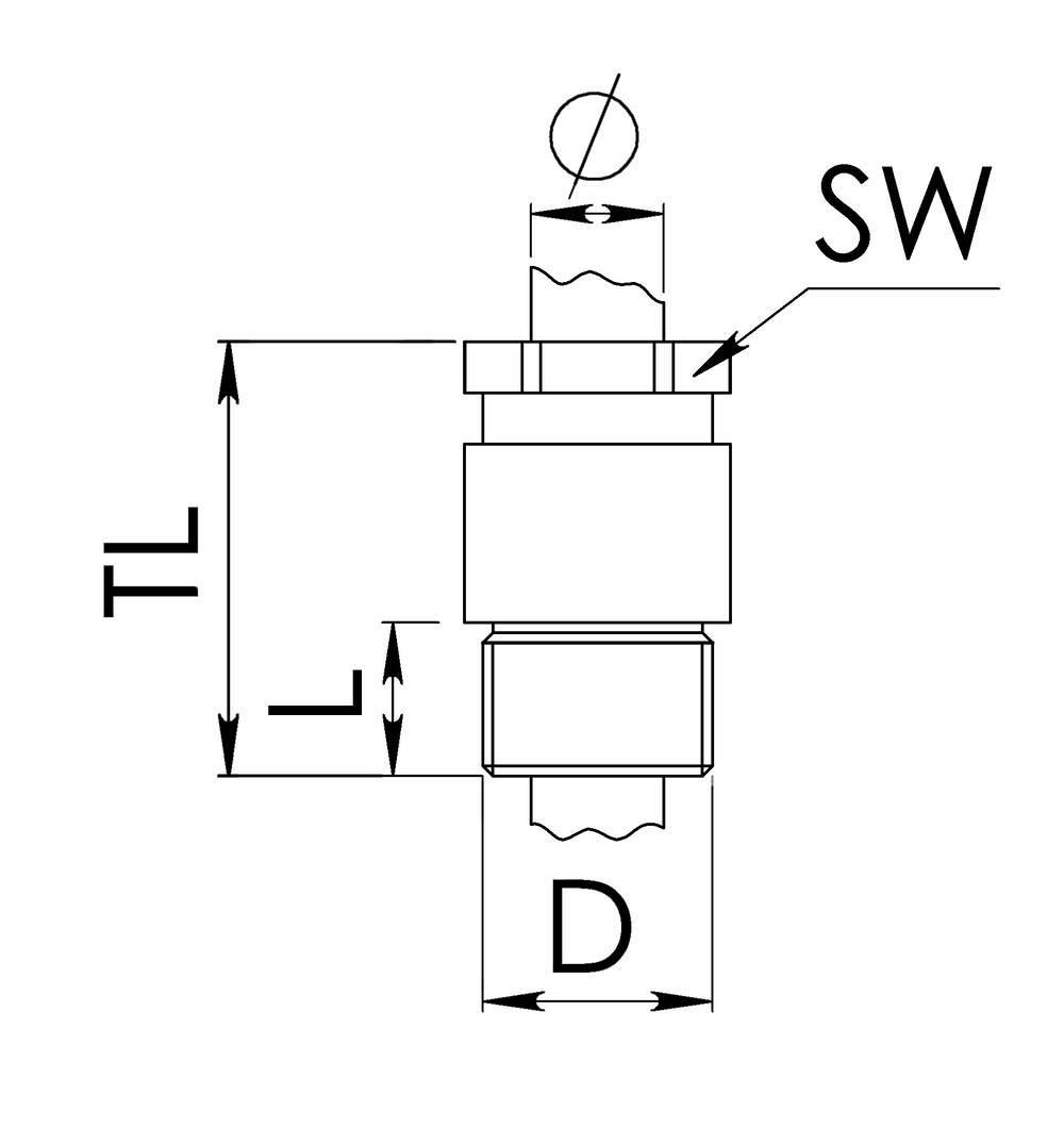 Rysunek techniczny elementu z oznaczeniami: wysokość całkowita (TL), szerokość (L), średnica (D), rozstaw klucza (SW).